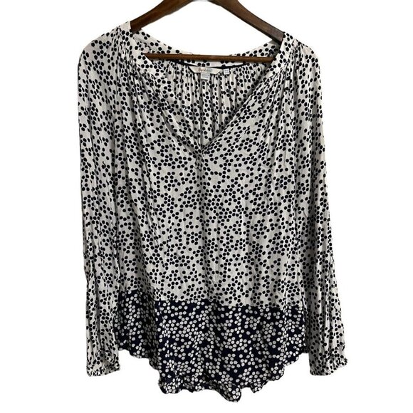 Boden Womens White Blue Dot Popover Split Neck Viscose Long Sleeve Blouse Sz 10 - Picture 1 of 8